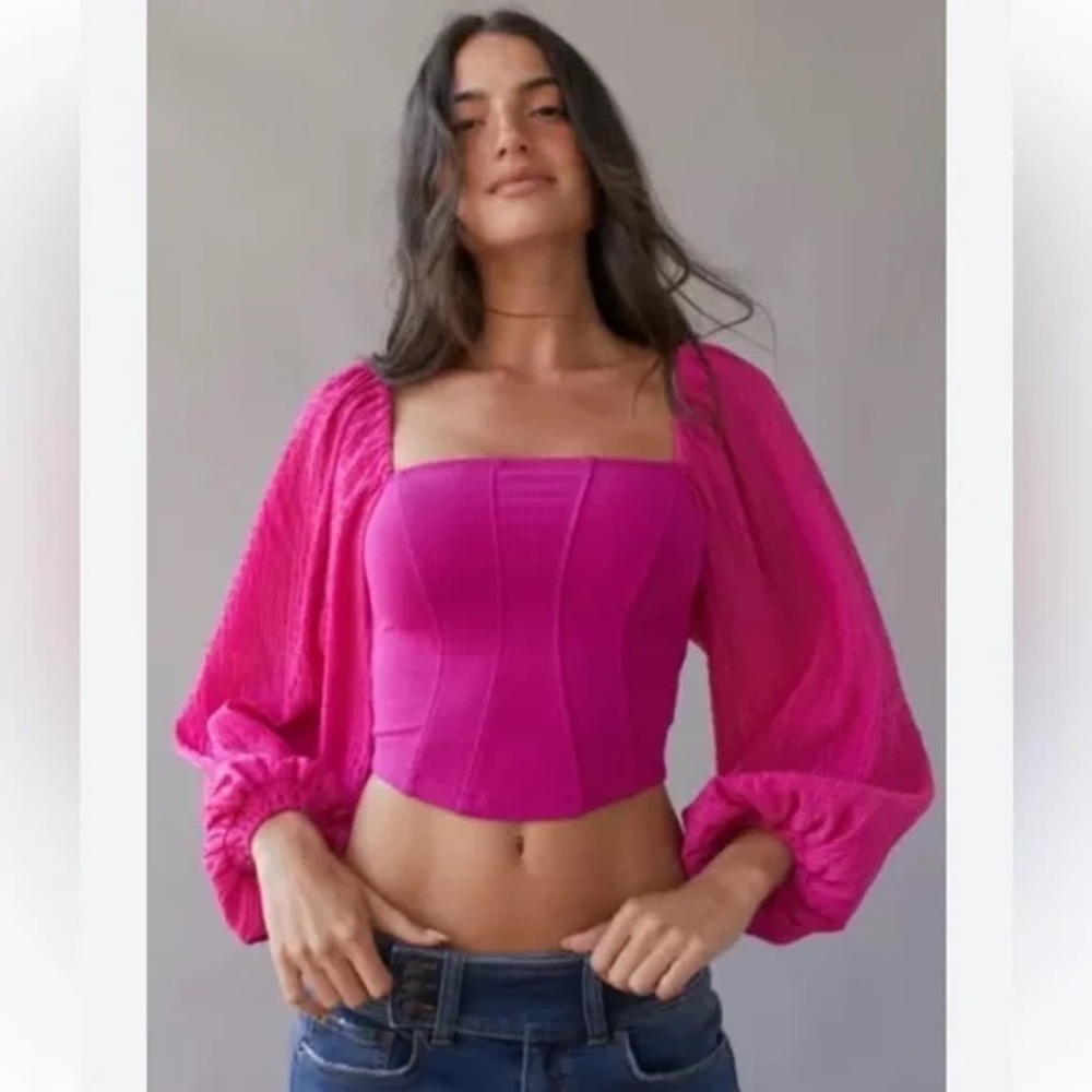 Urban Outfitters Hot Pink Puff Sleeve Corset Top